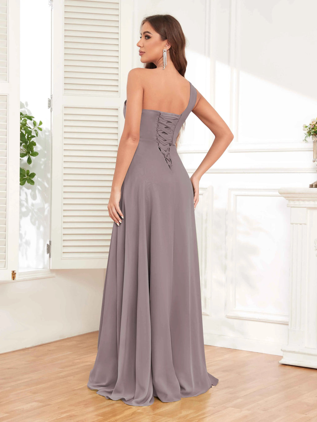 One Shoulder Chiffon Bridesmaid Dress – A-Line Pleated Floor Length Formal Dress with Slit oaklynwear