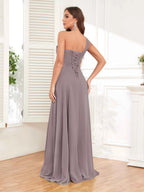 One Shoulder Chiffon Bridesmaid Dress – A-Line Pleated Floor Length Formal Dress with Slit oaklynwear