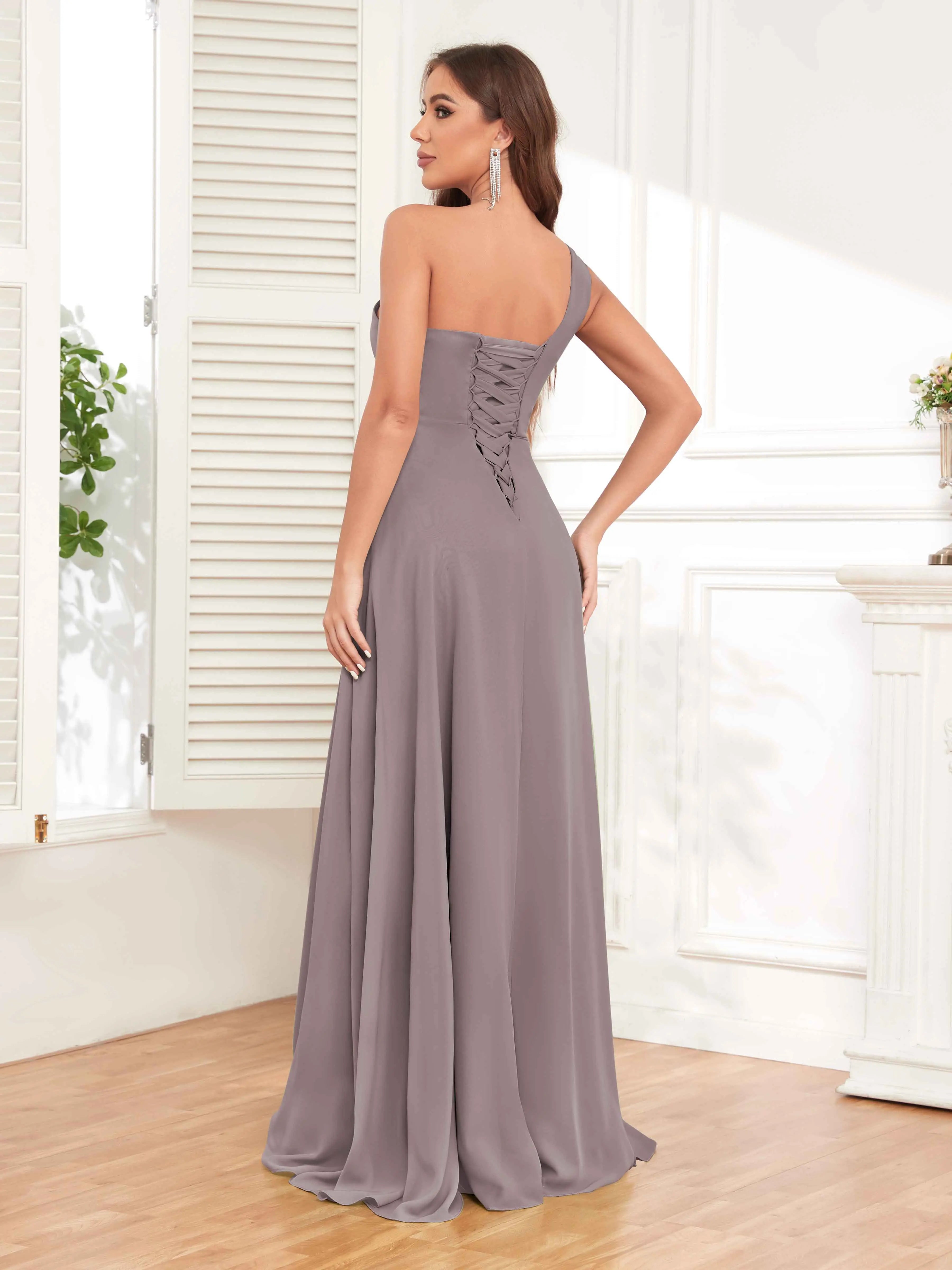 One Shoulder Chiffon Bridesmaid Dress – A-Line Pleated Floor Length Formal Dress with Slit oaklynwear
