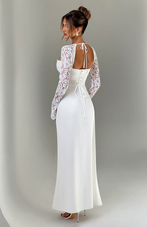 Long Sleeve Maxi Dress with Sheer Lace Sleeves – Flattering Gown oaklynwear