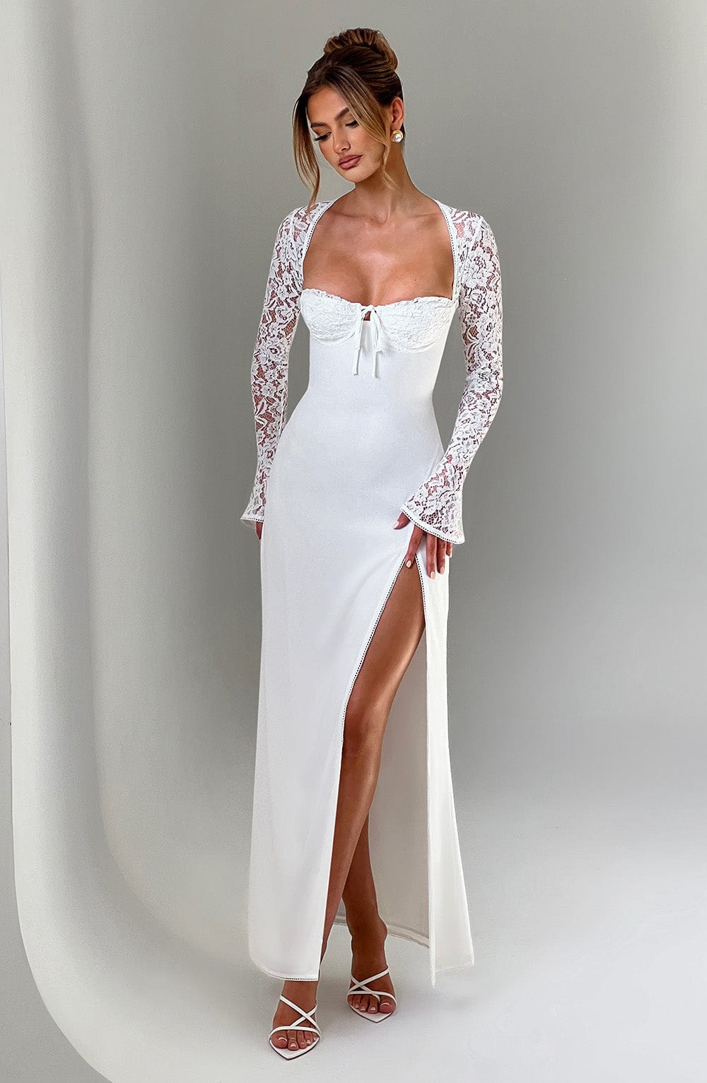 Long Sleeve Maxi Dress with Sheer Lace Sleeves – Flattering Gown oaklynwear