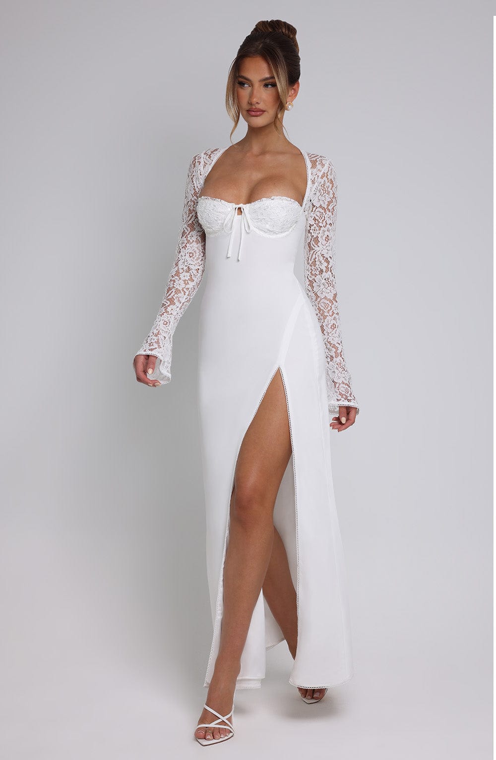 Long Sleeve Maxi Dress with Sheer Lace Sleeves – Flattering Gown oaklynwear