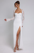 Long Sleeve Maxi Dress with Sheer Lace Sleeves – Flattering Gown oaklynwear