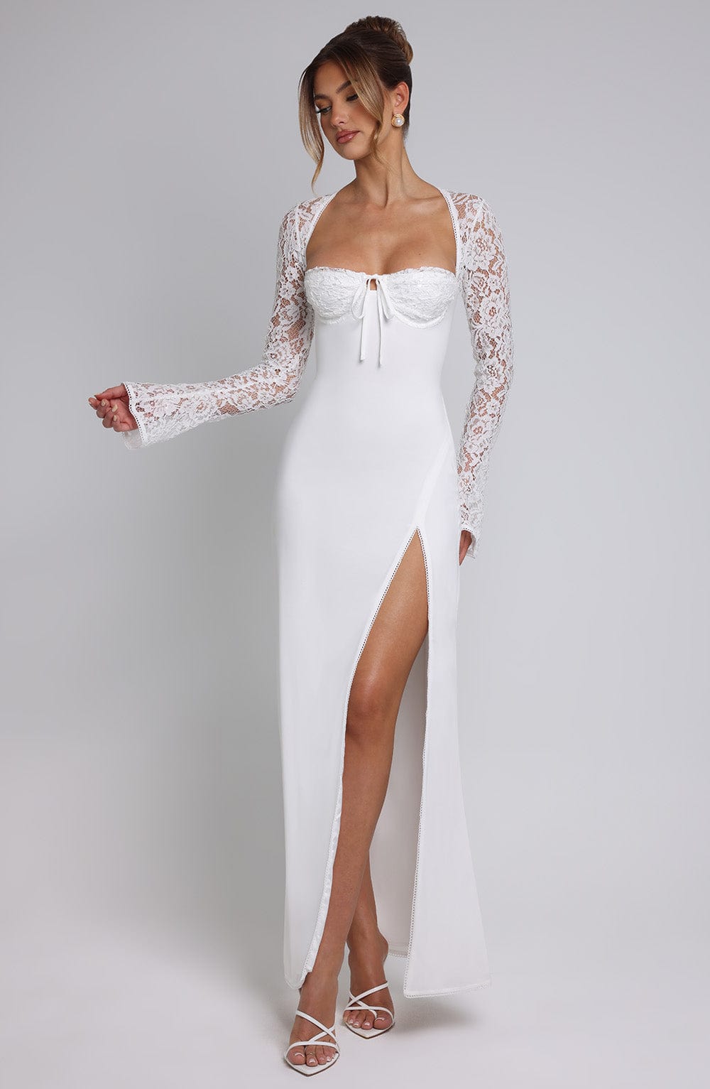Long Sleeve Maxi Dress with Sheer Lace Sleeves – Flattering Gown oaklynwear