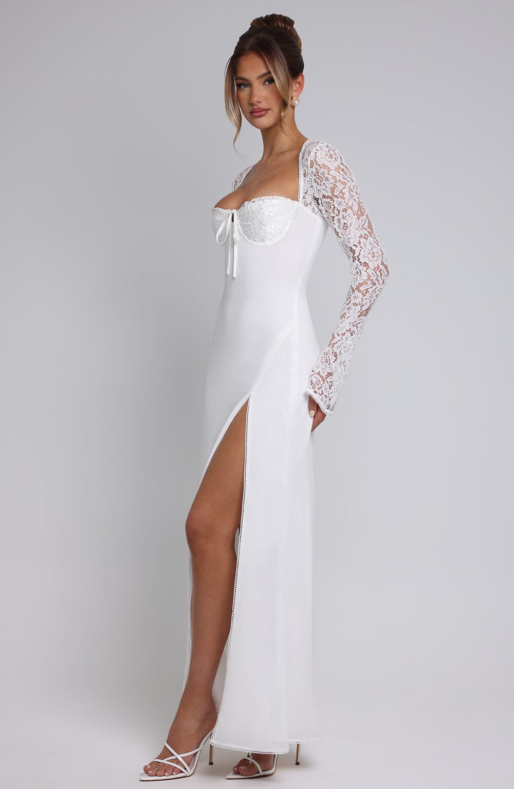 Long Sleeve Maxi Dress with Sheer Lace Sleeves – Flattering Gown oaklynwear