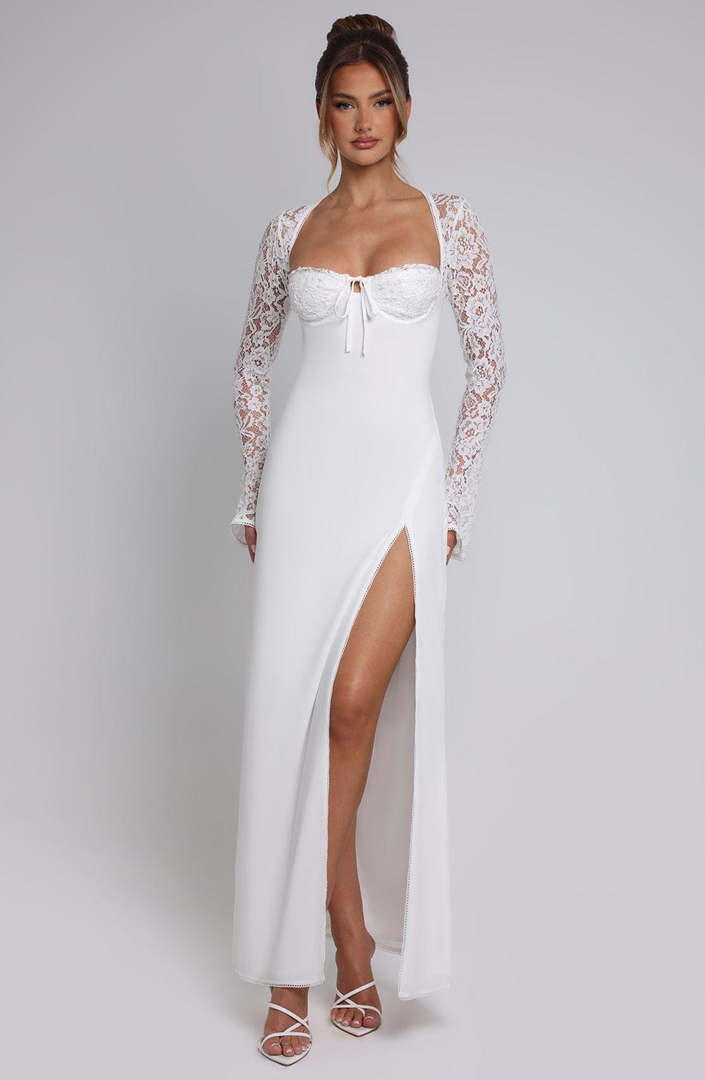 Long Sleeve Maxi Dress with Sheer Lace Sleeves – Flattering Gown oaklynwear
