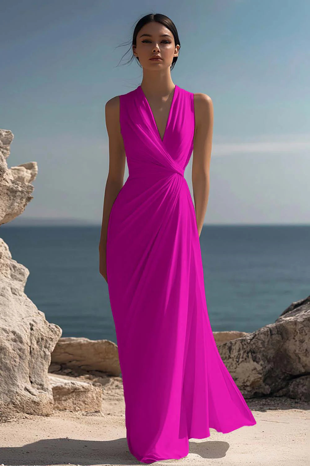 Blanche | Ruched Chiffon V-Neck Maxi Dress oaklynwear