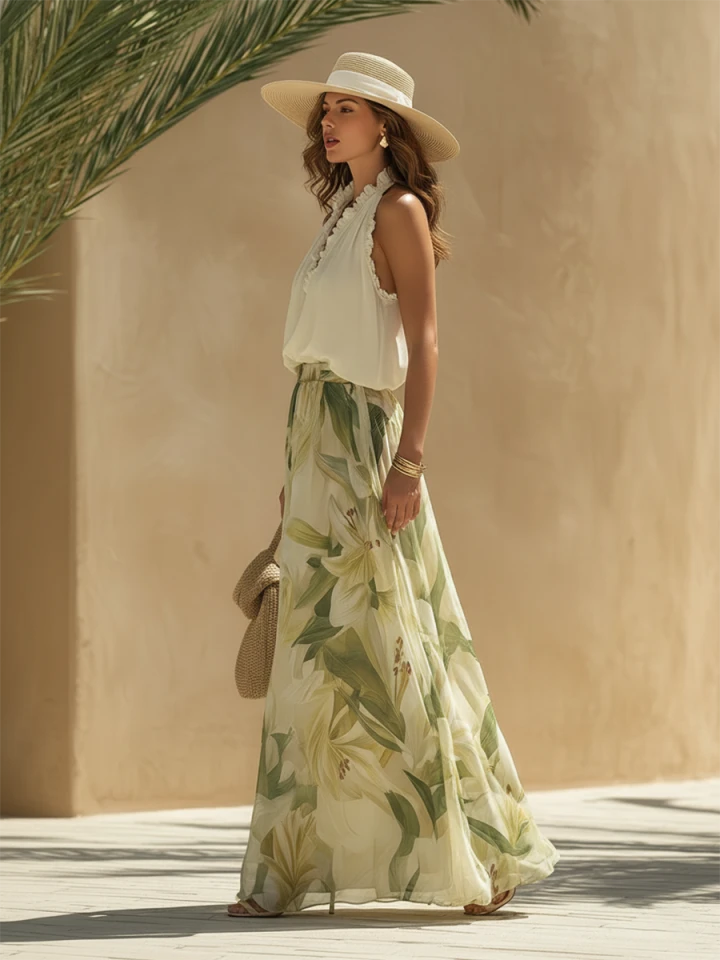 Lily | Ruffled Chiffon Top Printed Pants Set oaklynwear