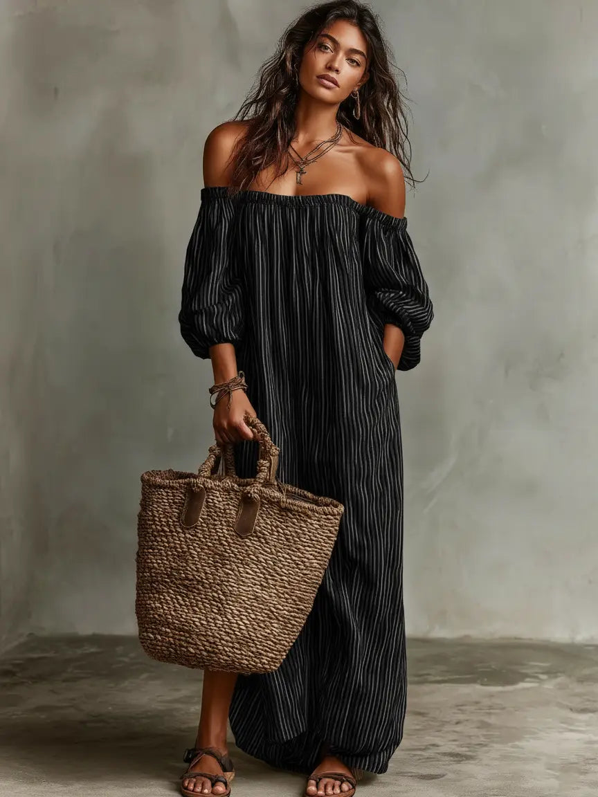 Catalina | Women's Vacation Cotton-Linen Blend Off-Shoulder Long-Sleeved Maxi Dress oaklynwear