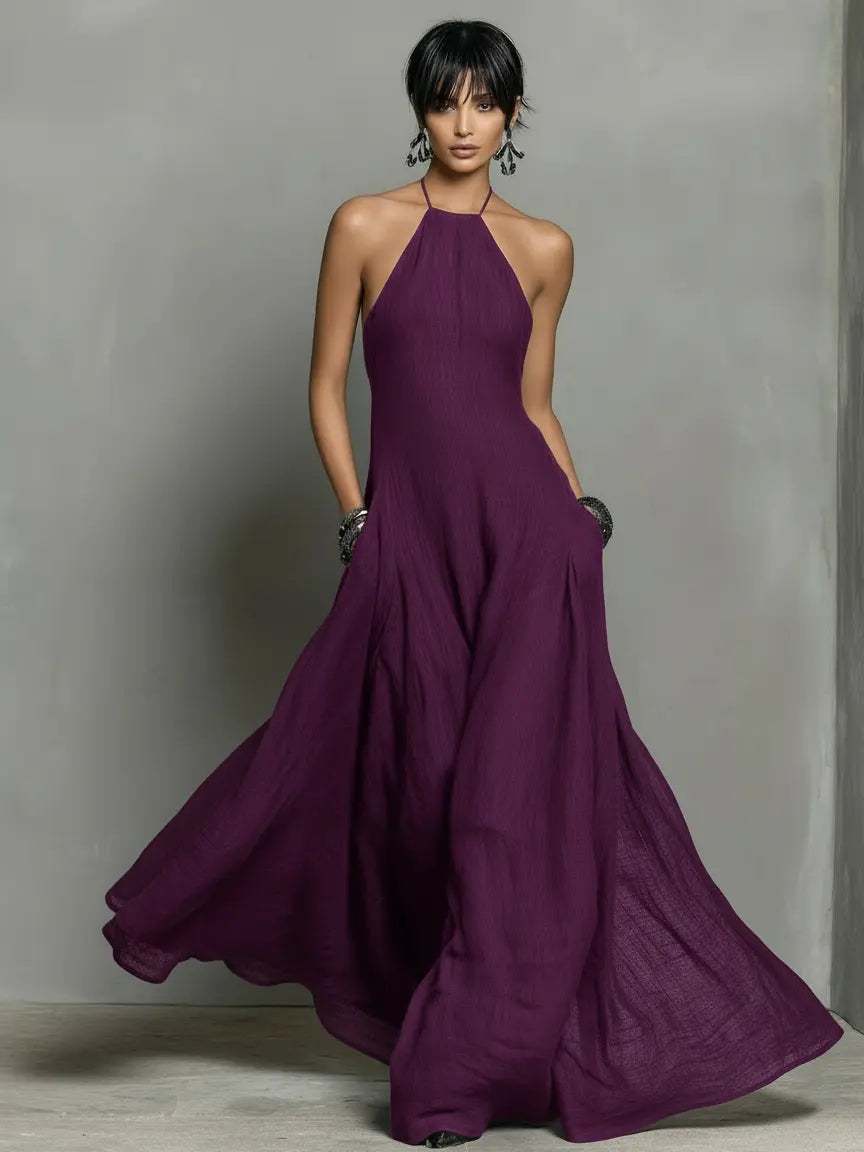 Paloma | Women's Minimalist Linen Blend Halter Neck Sleeveless Maxi Dress oaklynwear