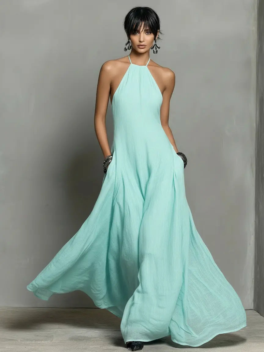 Paloma | Women's Minimalist Linen Blend Halter Neck Sleeveless Maxi Dress oaklynwear