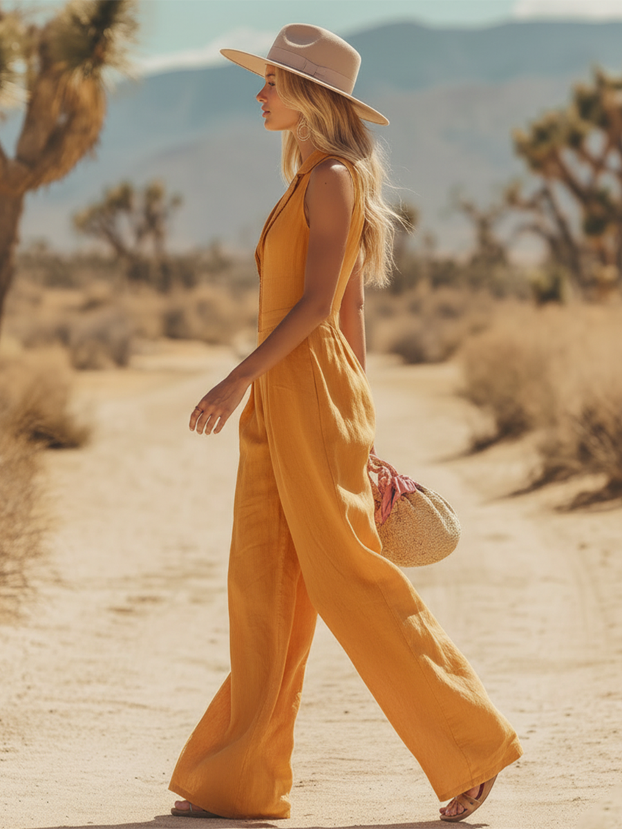 Reva | Boho Western Lapel Linen Jumpsuit oaklynwear