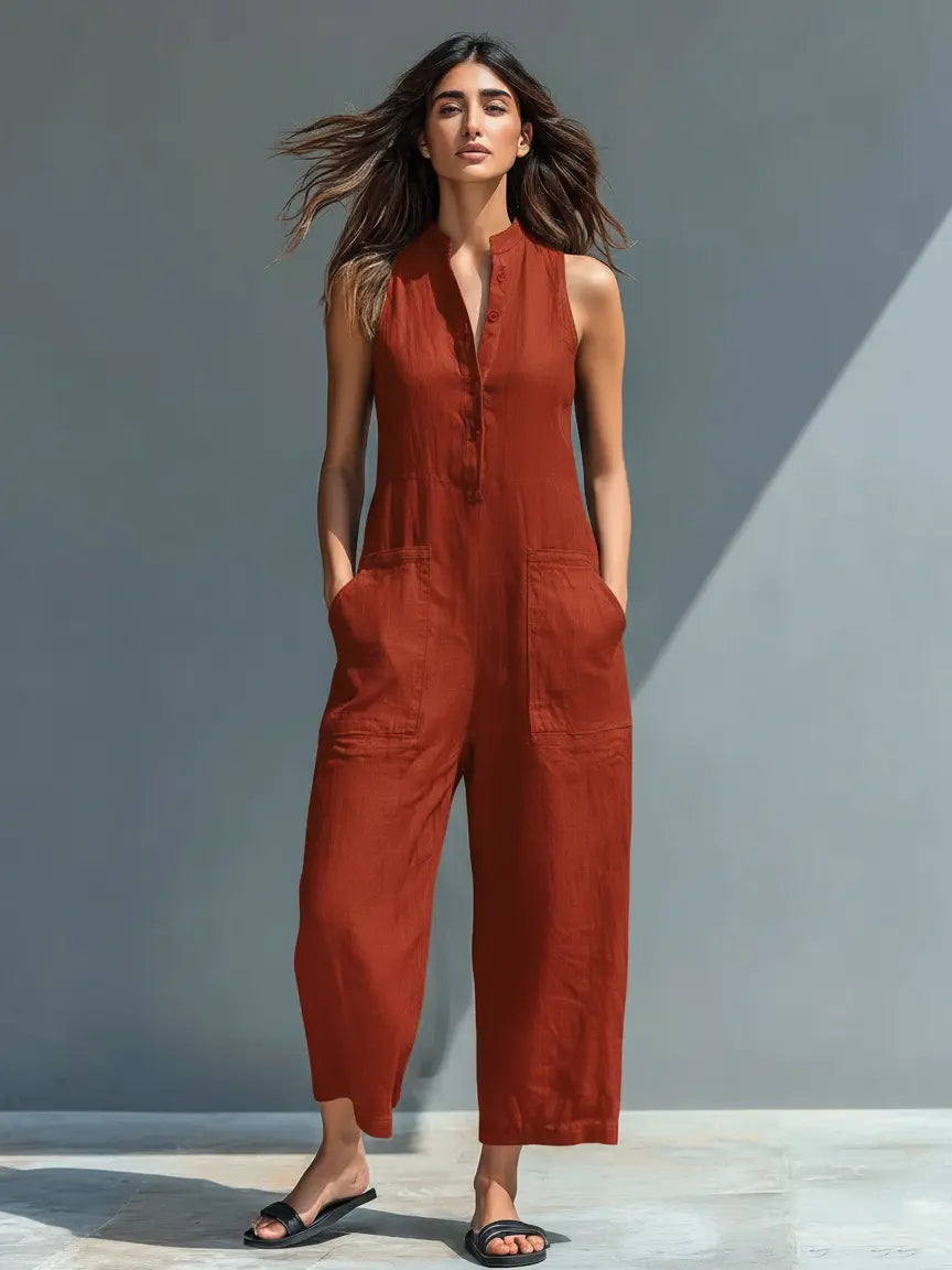 Jodie | Women's Minimalist Linen Blend Button-Up Stand-Collar Sleeveless Loose Jumpsuit oaklynwear