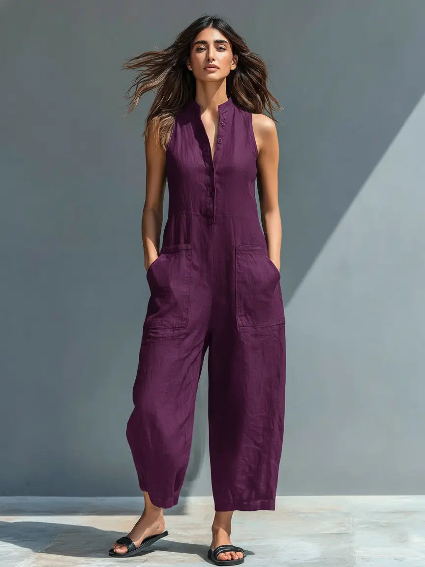 Jodie | Women's Minimalist Linen Blend Button-Up Stand-Collar Sleeveless Loose Jumpsuit oaklynwear
