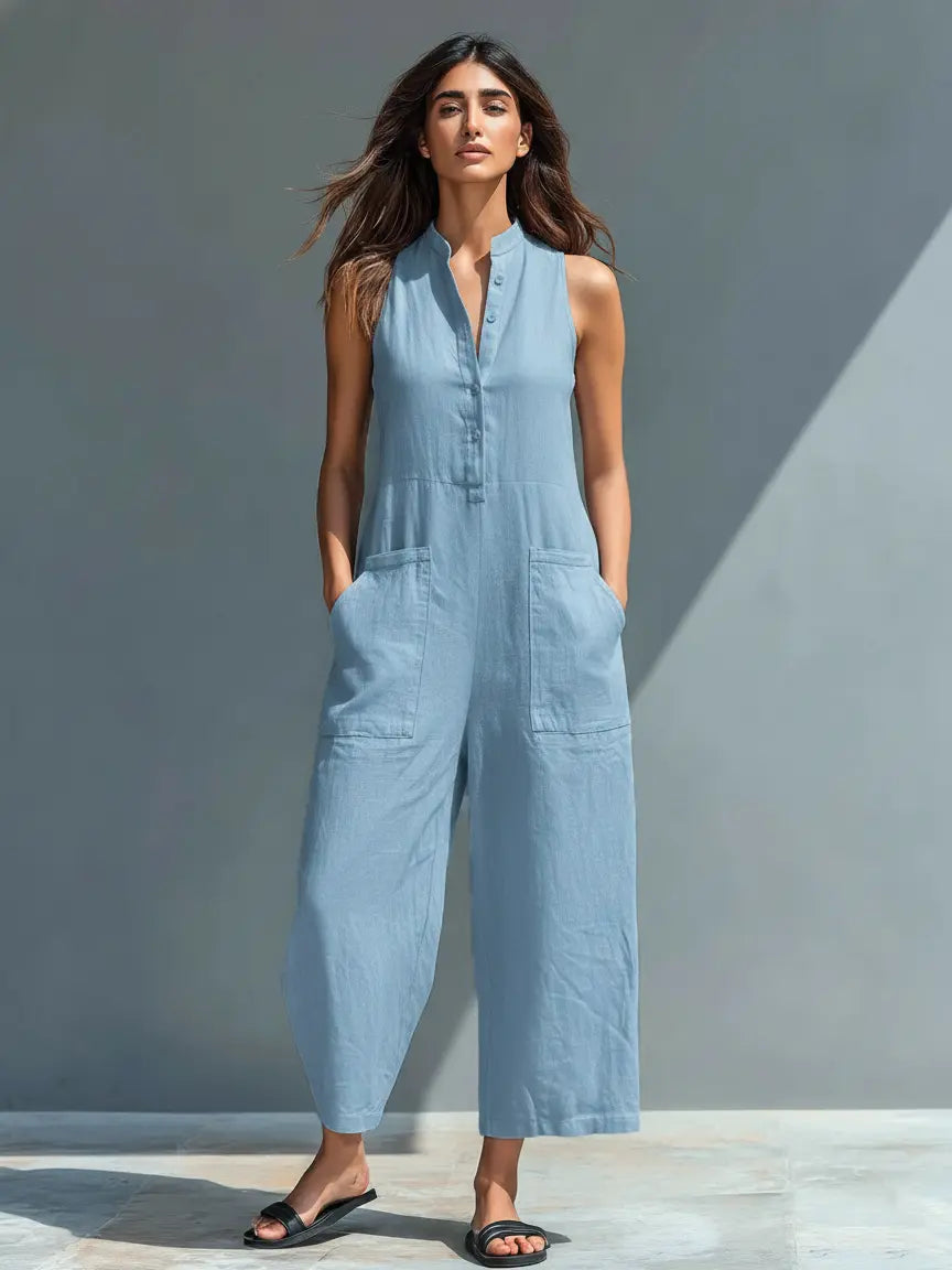 Jodie | Women's Minimalist Linen Blend Button-Up Stand-Collar Sleeveless Loose Jumpsuit oaklynwear