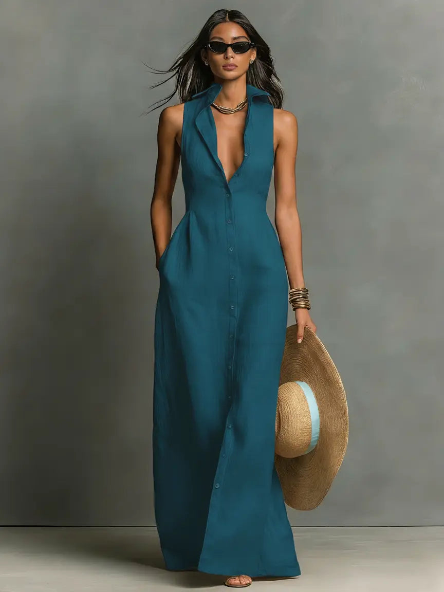 Claudette | Women's Minimalist Linen-Blend Collared Single-Breasted Sleeveless Maxi Shirt Dress oaklynwear