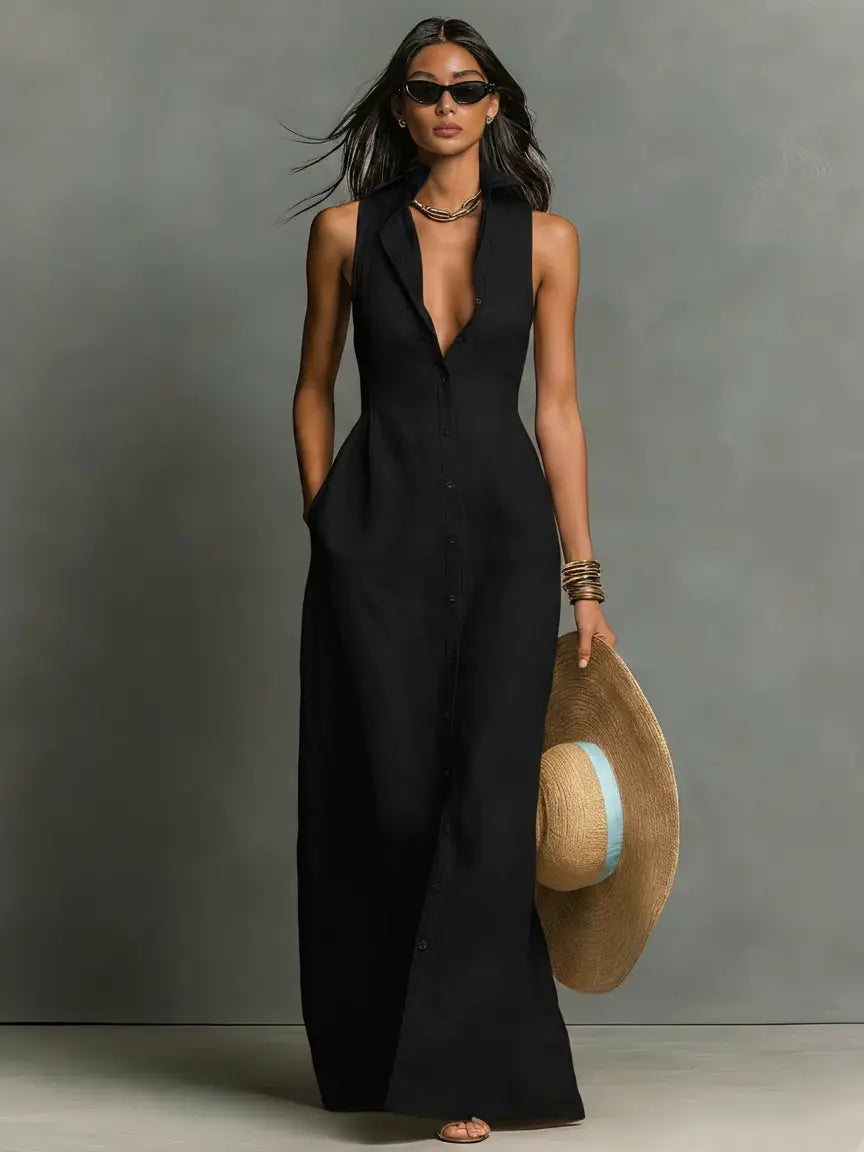Claudette | Women's Minimalist Linen-Blend Collared Single-Breasted Sleeveless Maxi Shirt Dress oaklynwear