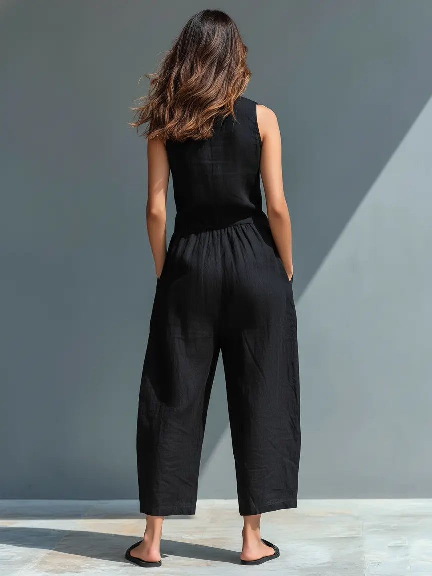 Jodie | Women's Minimalist Linen Blend Button-Up Stand-Collar Sleeveless Loose Jumpsuit oaklynwear