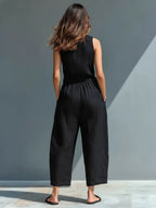Jodie | Women's Minimalist Linen Blend Button-Up Stand-Collar Sleeveless Loose Jumpsuit oaklynwear