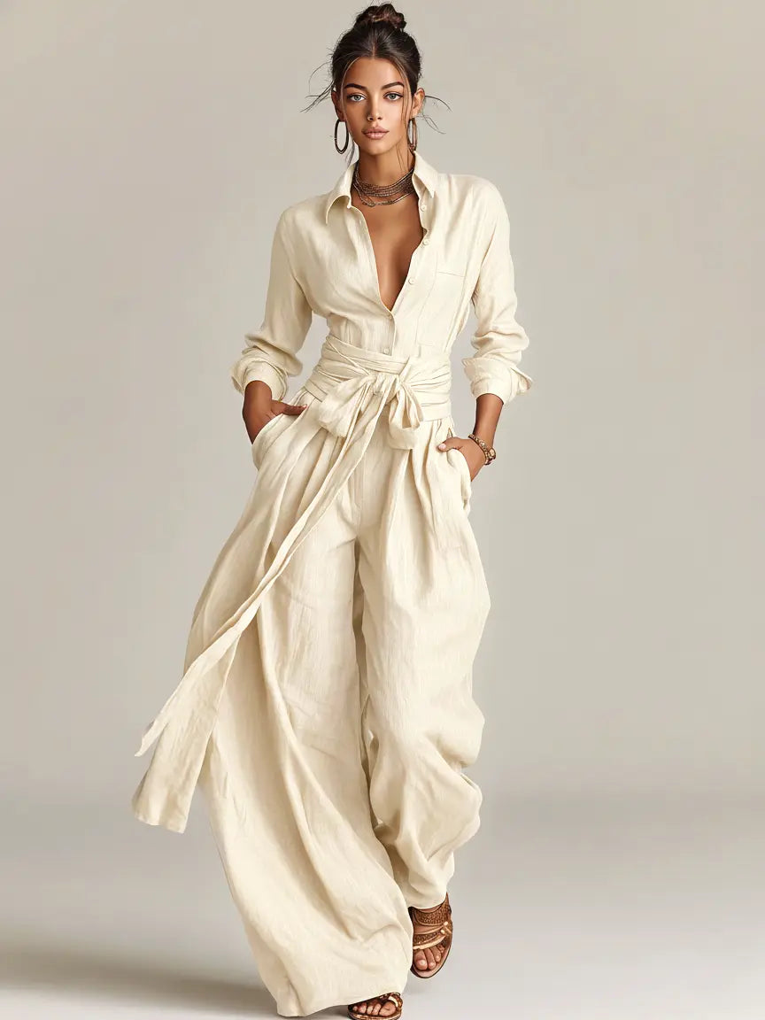Roberta | Women's Elegant Brown Woven Cotton-Linen Long-Sleeved Shirt Collar Jumpsuit With Belt oaklynwear