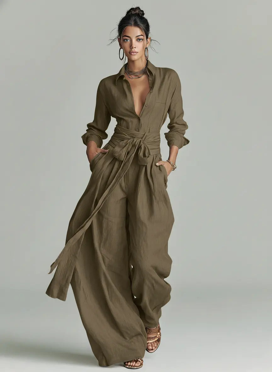 Roberta | Women's Elegant Brown Woven Cotton-Linen Long-Sleeved Shirt Collar Jumpsuit With Belt oaklynwear