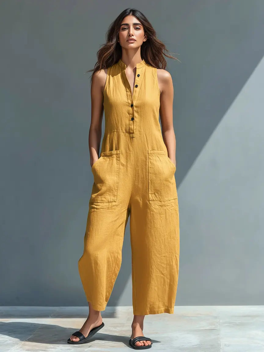 Jodie | Women's Minimalist Linen Blend Button-Up Stand-Collar Sleeveless Loose Jumpsuit oaklynwear