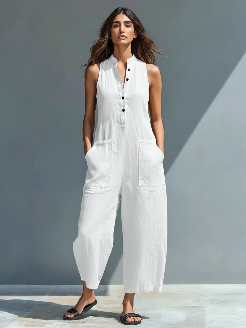 Jodie | Women's Minimalist Linen Blend Button-Up Stand-Collar Sleeveless Loose Jumpsuit oaklynwear