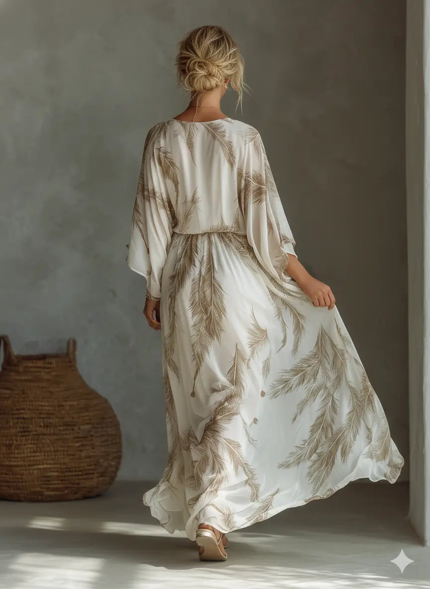 Serena | Women's Ivory And Taupe Chiffon Fabric Dolman Sleeve Maxi Dress oaklynwear