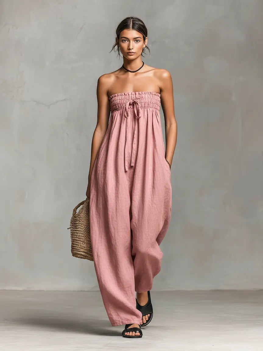 Greta | Women's Minimalist Loose-Fitting Linen Blend Strapless Jumpsuit With Tie Closure oaklynwear