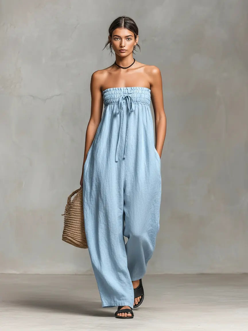 Greta | Women's Minimalist Loose-Fitting Linen Blend Strapless Jumpsuit With Tie Closure oaklynwear