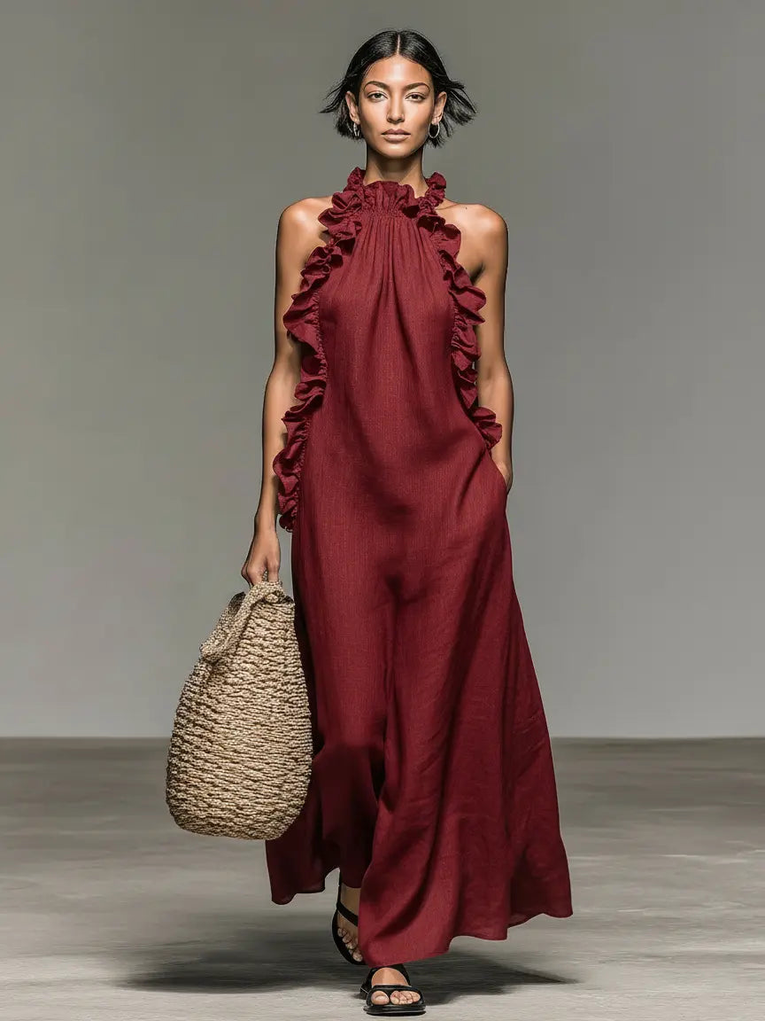Elaine | Women's Minimalist Linen-Blend Sleeveless Maxi Dress With Ruffle Details oaklynwear