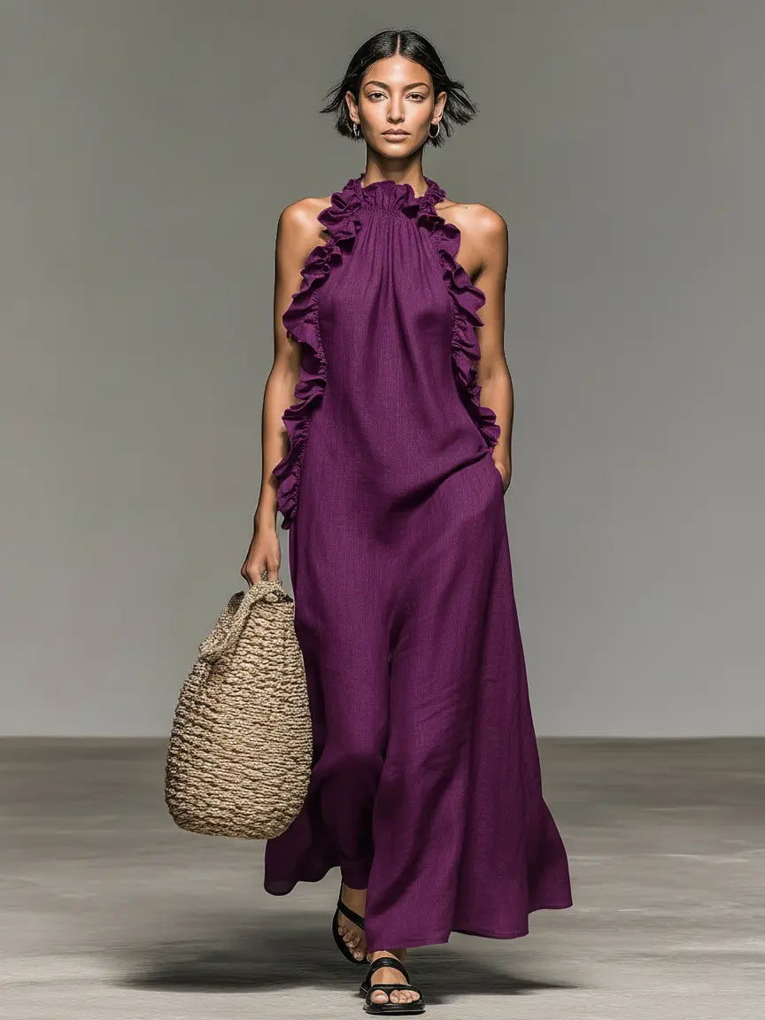 Elaine | Women's Minimalist Linen-Blend Sleeveless Maxi Dress With Ruffle Details oaklynwear