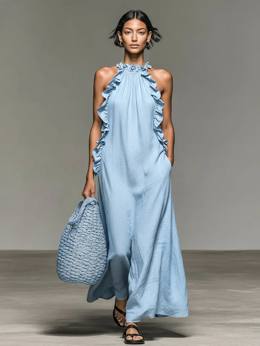 Elaine | Women's Minimalist Linen-Blend Sleeveless Maxi Dress With Ruffle Details oaklynwear