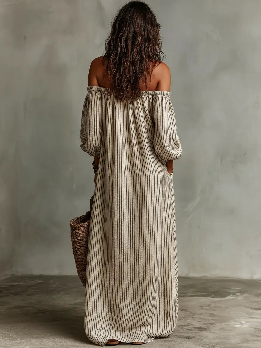 Catalina | Women's Vacation Cotton-Linen Blend Off-Shoulder Long-Sleeved Maxi Dress oaklynwear
