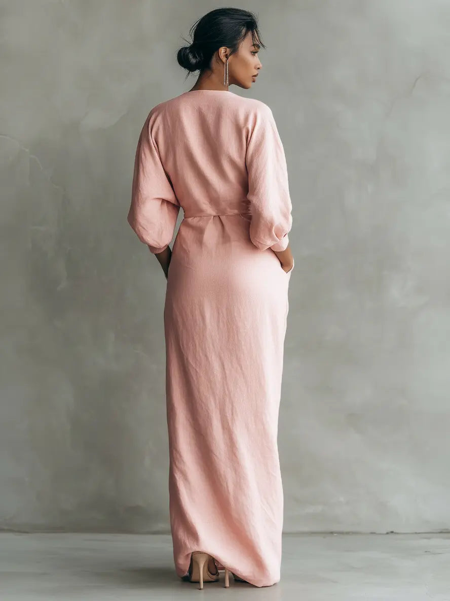 Rosie | Women's Pink Minimalist V-Neck Linen Blend Maxi Dress oaklynwear