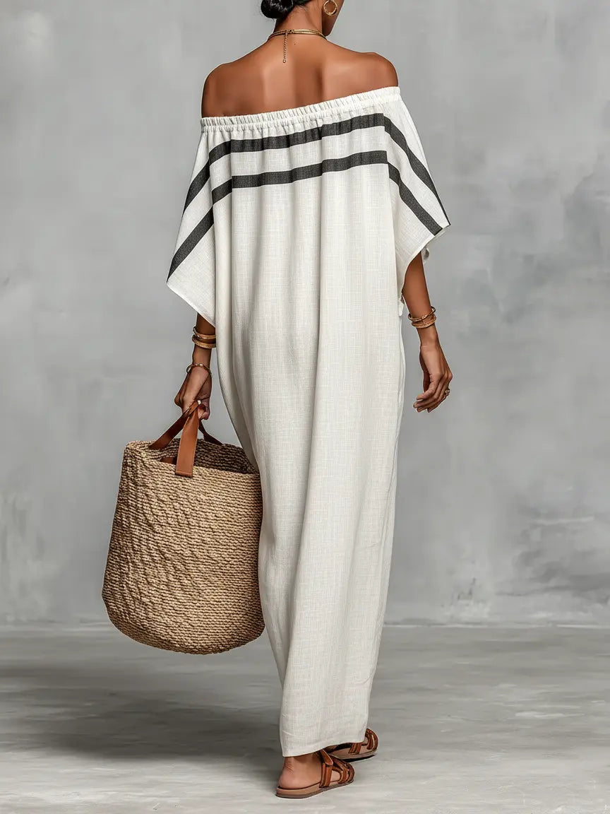 Bianca | Women's Minimalist Linen Blend Off-the-Shoulder Batwing Sleeve Straight-Cut Maxi Dress oaklynwear