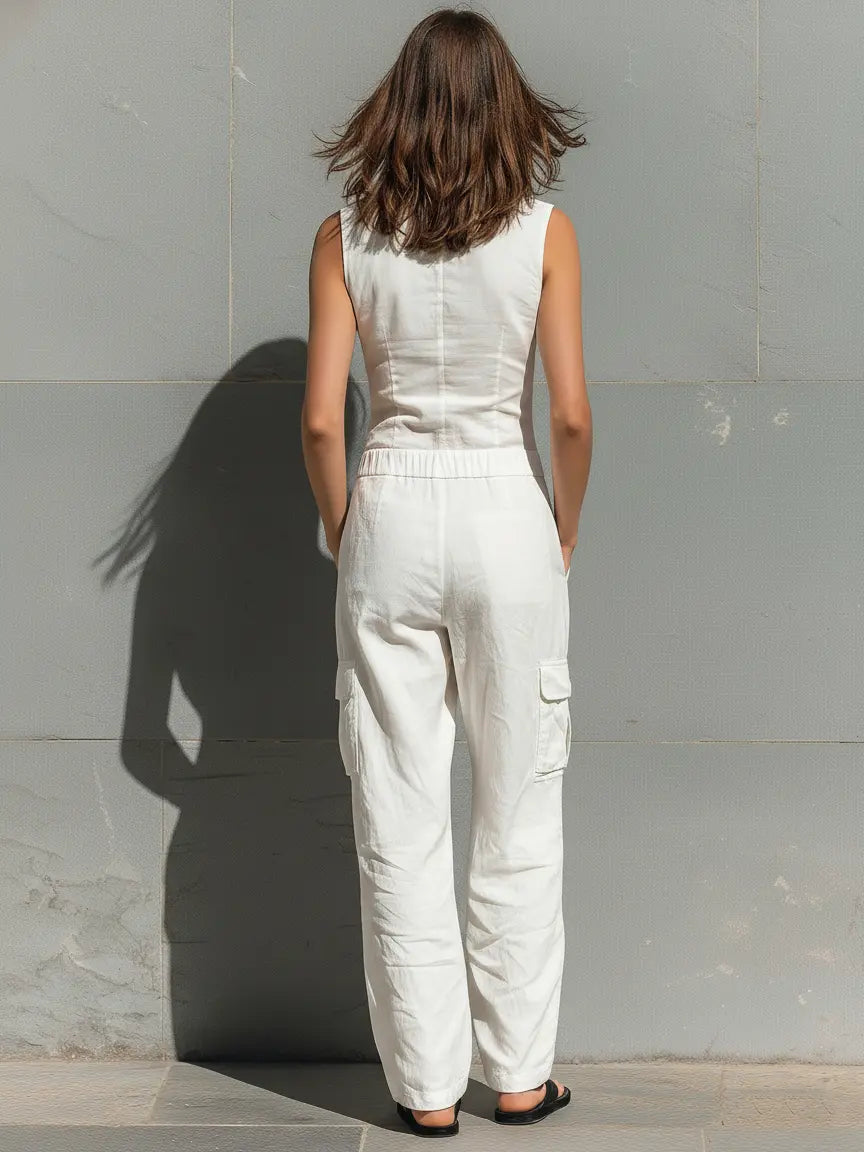 Clara | Women's Minimalist Cotton Blend Single-Breasted Sleeveless Jumpsuit oaklynwear