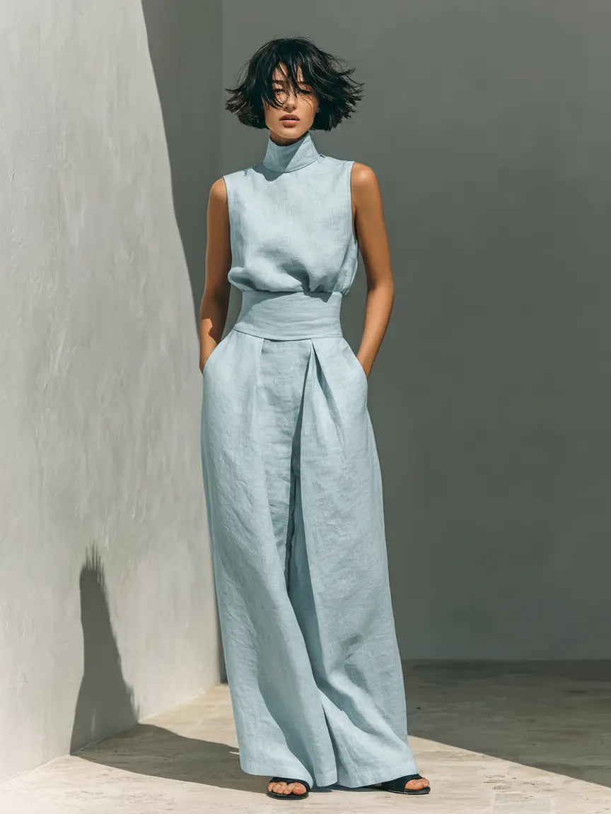 Phoebe | Women's Minimalist Cotton And Linen Blend Sleeveless Blouse And Wide-Leg Pants Set oaklynwear