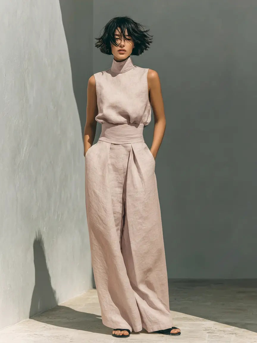 Phoebe | Women's Minimalist Cotton And Linen Blend Sleeveless Blouse And Wide-Leg Pants Set oaklynwear