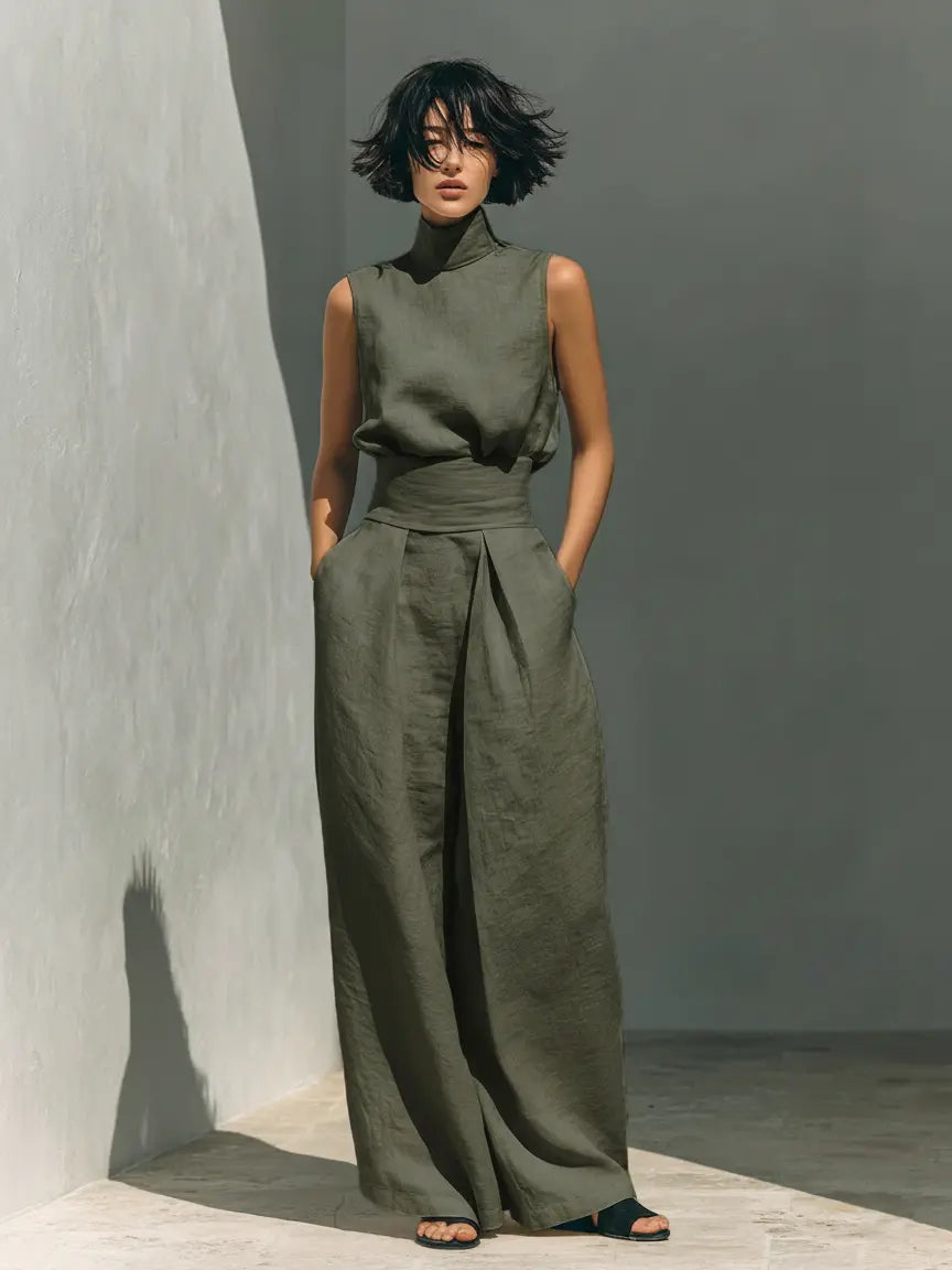 Phoebe | Women's Minimalist Cotton And Linen Blend Sleeveless Blouse And Wide-Leg Pants Set oaklynwear