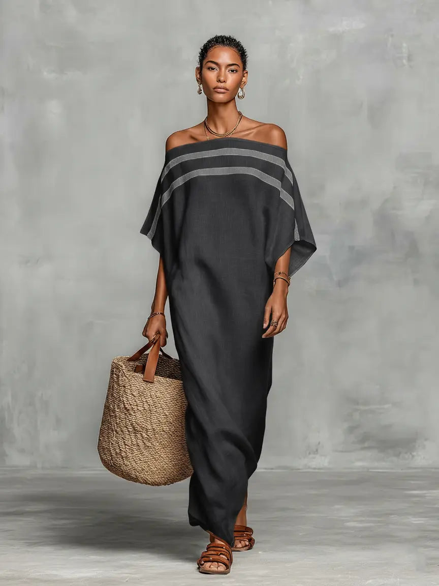 Bianca | Women's Minimalist Linen Blend Off-the-Shoulder Batwing Sleeve Straight-Cut Maxi Dress oaklynwear