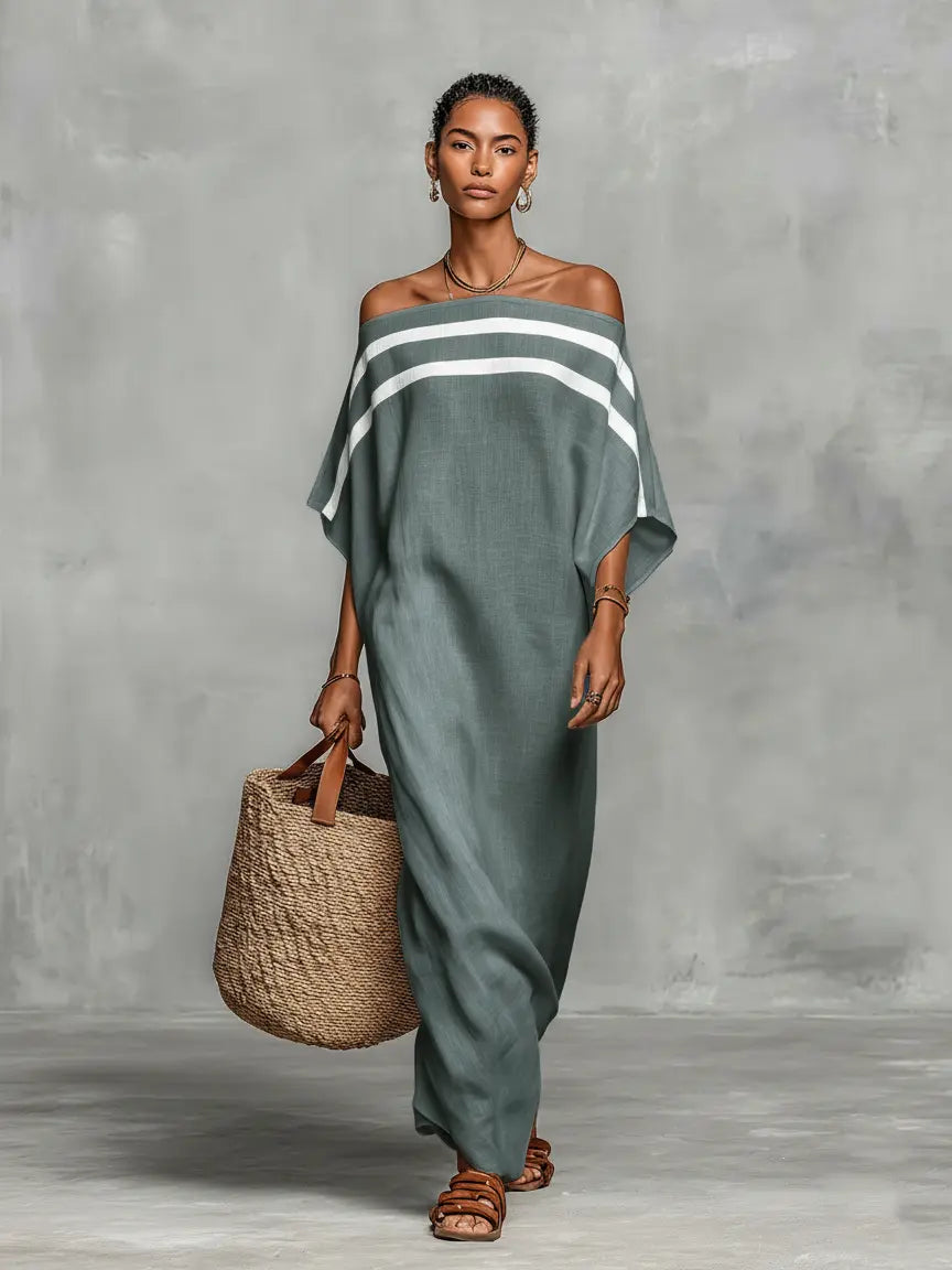 Bianca | Women's Minimalist Linen Blend Off-the-Shoulder Batwing Sleeve Straight-Cut Maxi Dress oaklynwear