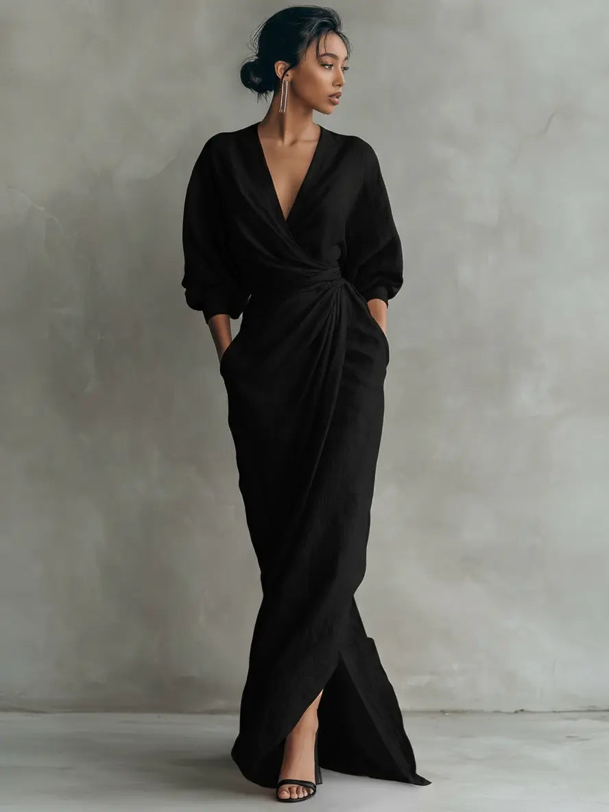 Rosie | Women's Pink Minimalist V-Neck Linen Blend Maxi Dress oaklynwear