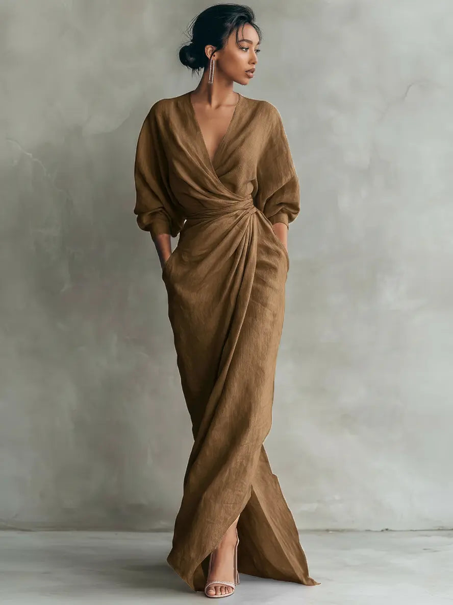 Rosie | Women's Pink Minimalist V-Neck Linen Blend Maxi Dress oaklynwear