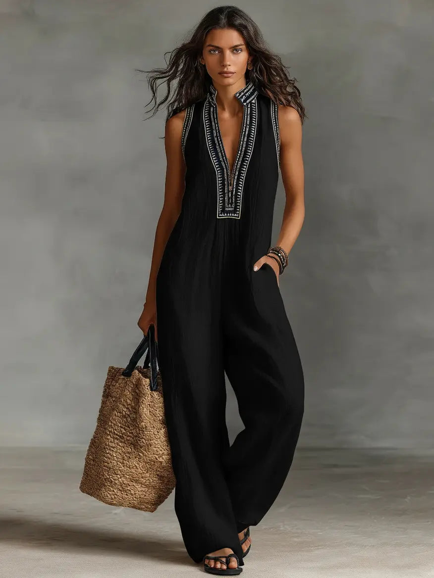 Cora | Women's Minimalist Linen Blend Sleeveless Jumpsuit With Zipper oaklynwear