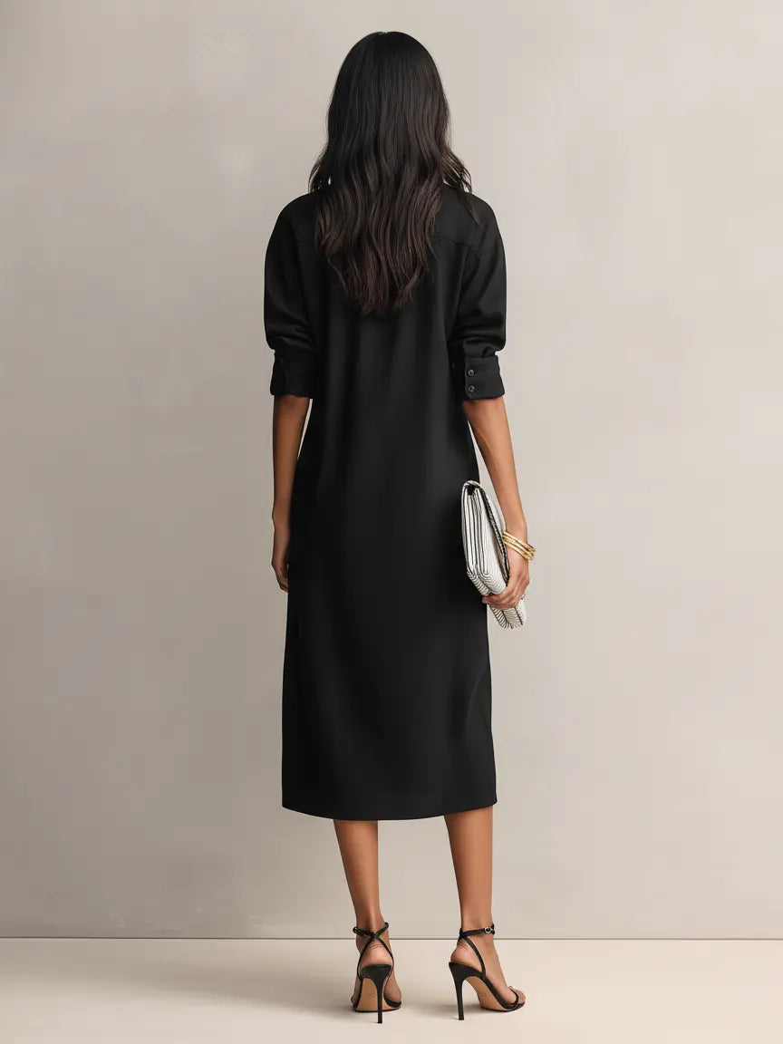 Frances | Women's Elegant Black Cotton-Linen Blend Shirt Collar Short-Sleeved Midi Dress oaklynwear