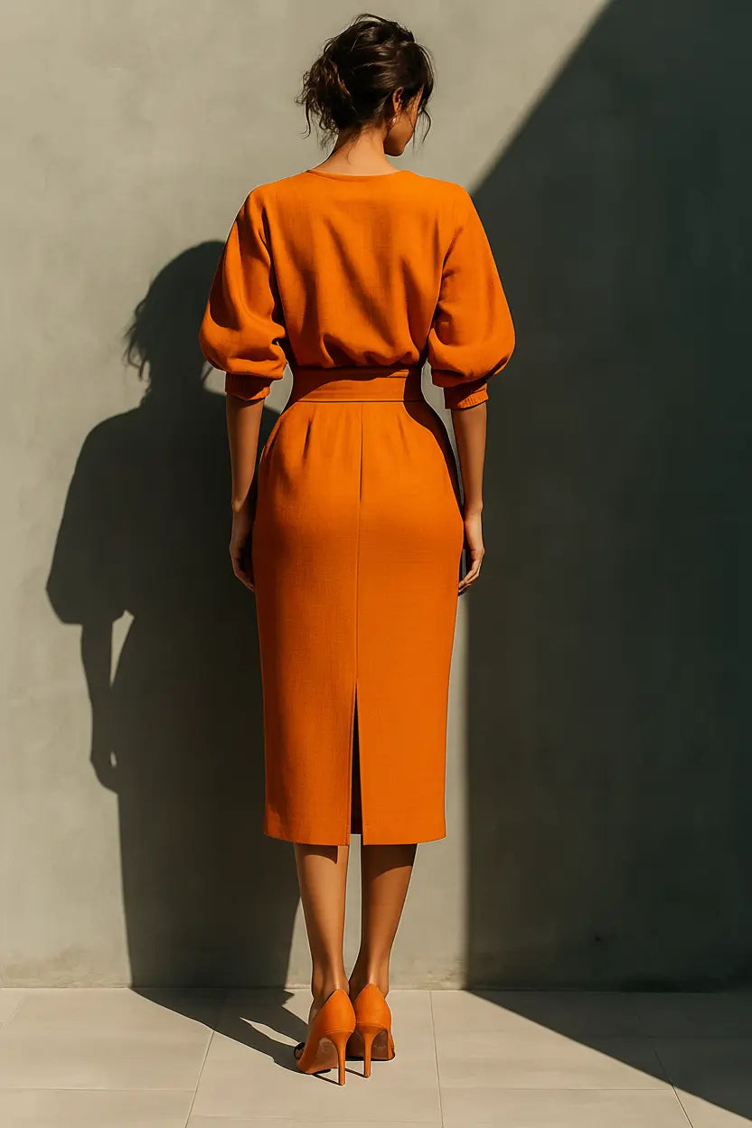 Claudia | Women's Orange Mid-Sleeve Top And Midi Skirt Set oaklynwear