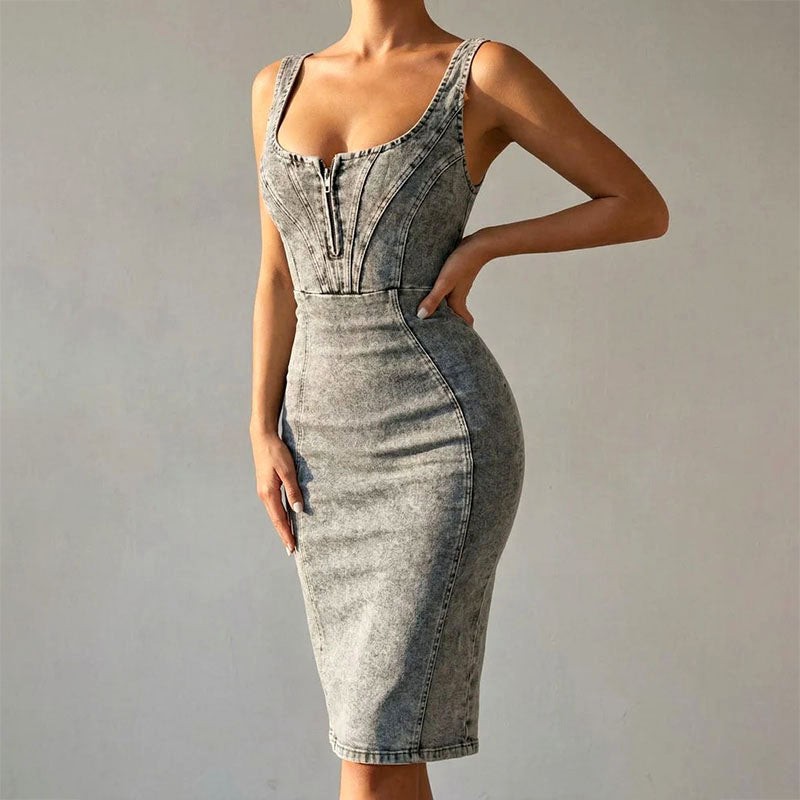 Isabella - Sleeveless Fitted Denim Midi Dress oaklynwear