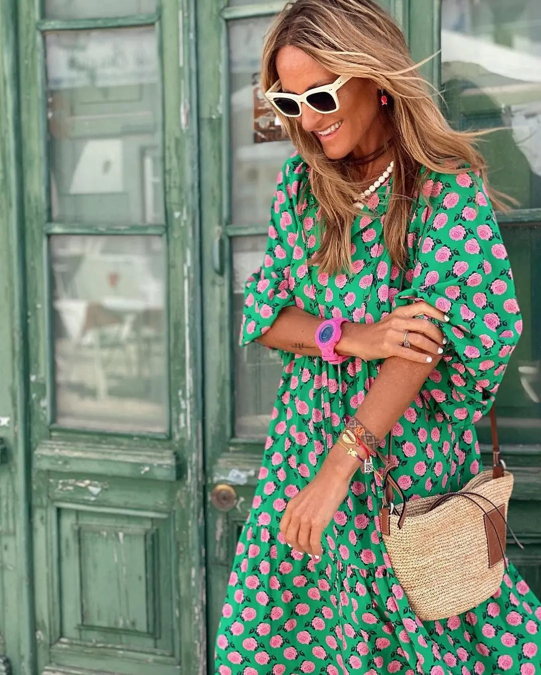 Oaklyn Green Polka Dot Maxi Dress – V-Neck Tie Collar Kaftan Style Spring Summer oaklynwear