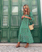 Oaklyn Green Polka Dot Maxi Dress – V-Neck Tie Collar Kaftan Style Spring Summer oaklynwear